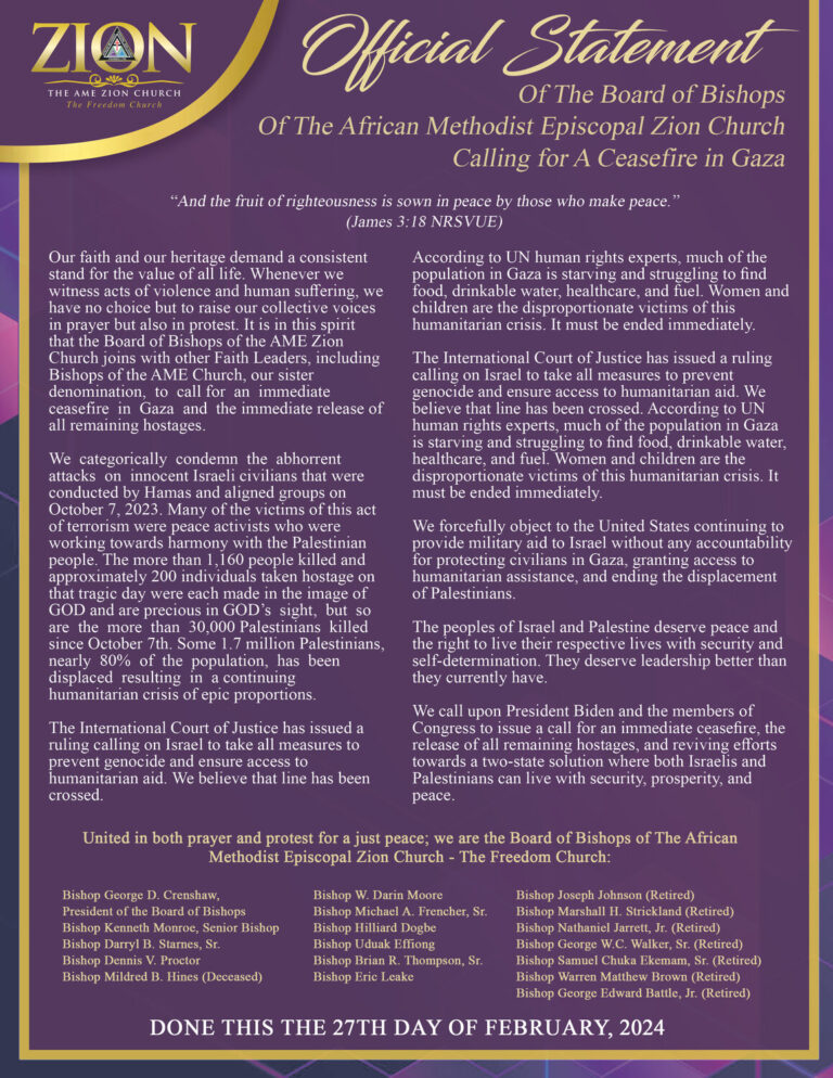 Official Statement from the Board of Bishops of The A.M.E. Zion Church Calling for a ceasefire in Gaza