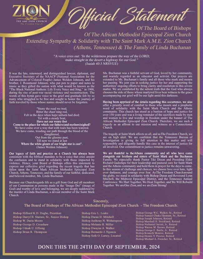 Official Statement of the Board of Bishops of The African Methodist Episcopal Zion Church extending Sympathy and Solidarity with the Saint Mark A.M.E. Zion Church (Athens, Tennessee) and the Family of Linda Buchanan