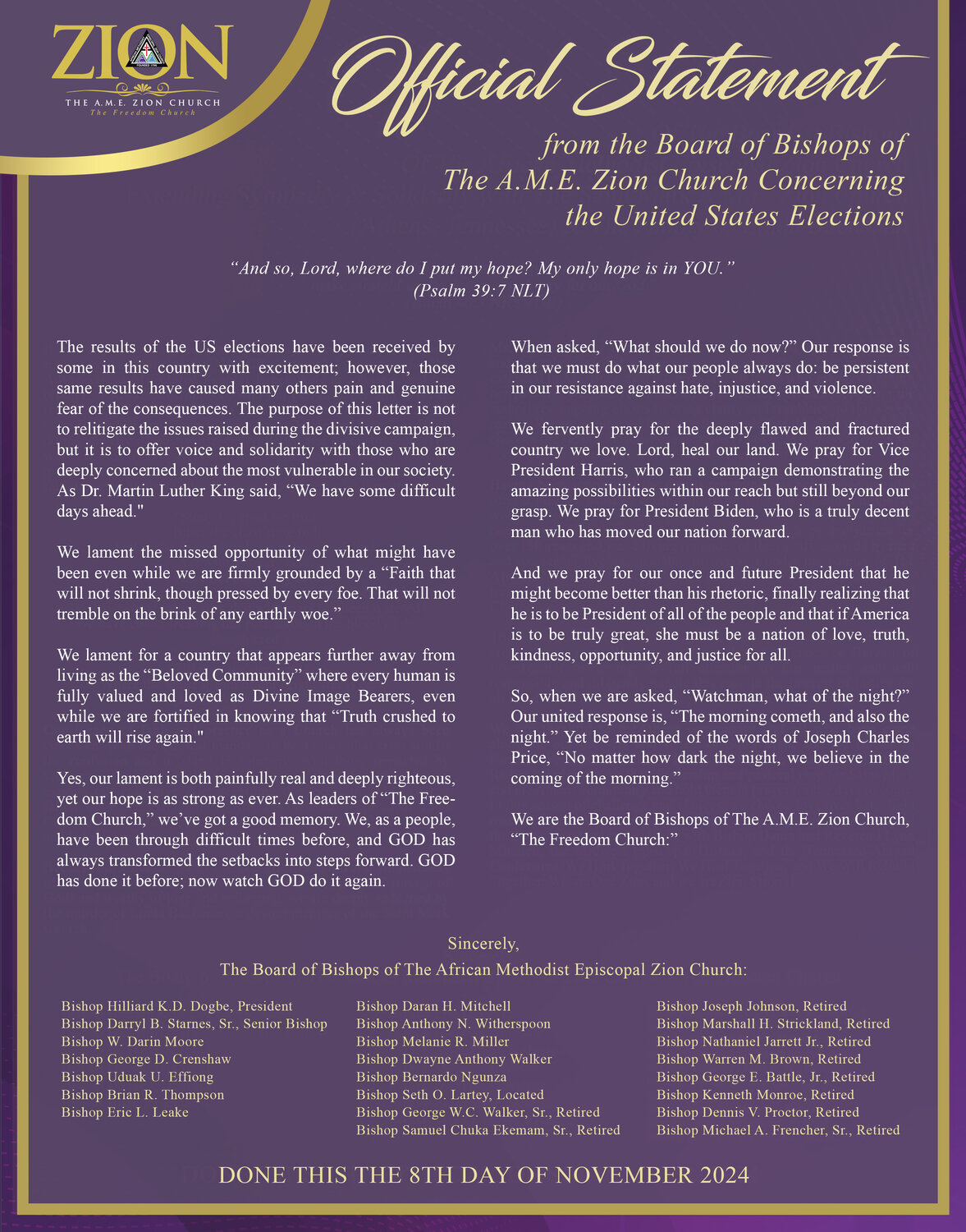 Official Statement from the Board of Bishops of The A.M.E. Zion Church Concerning the United States Elections - Image