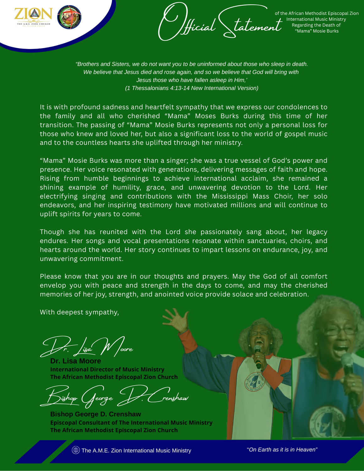 The A.M.E. Zion International Music Ministry Official Statement Regarding the Passing of “Mama’ Mosie Burks - Image
