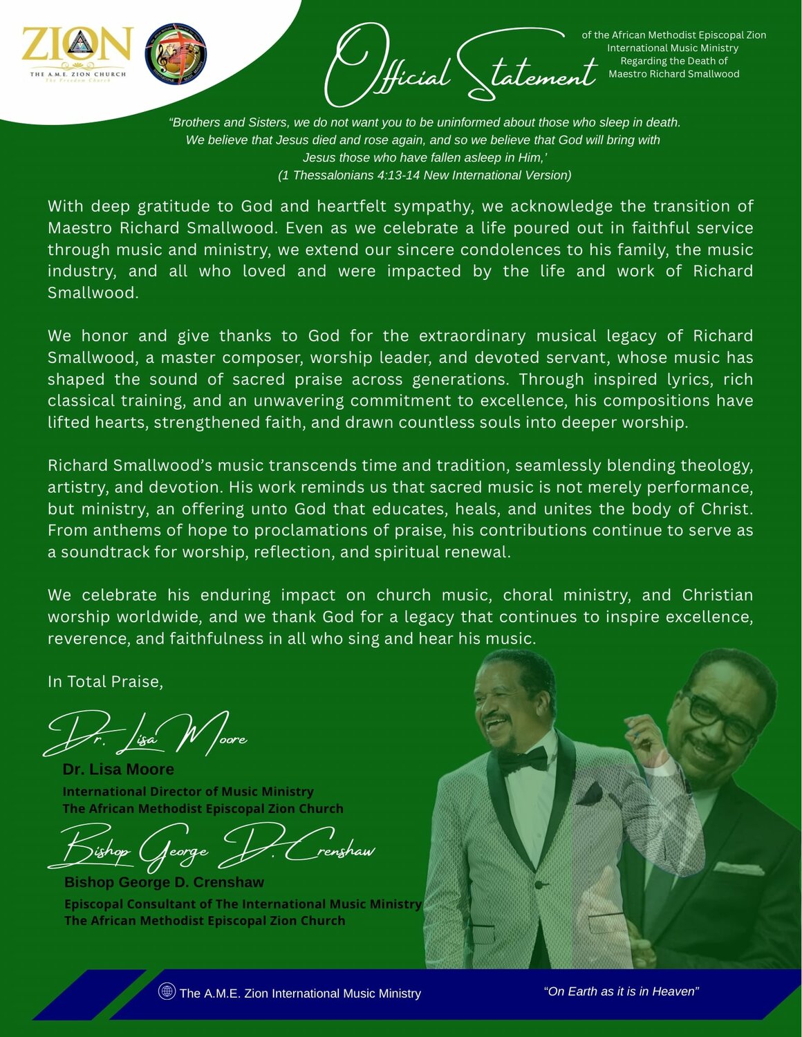 Official Statement of The African Methodist Episcopal Zion International Music Ministry Regarding the Death of Maestro Richard Smallwood - Image